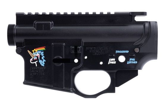 Color-filled unicorn design on AR-15 lower magwell
